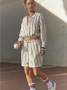 Free People Off Duty Set Cream and Navy Pinstripe Baseball Two-Piece Set